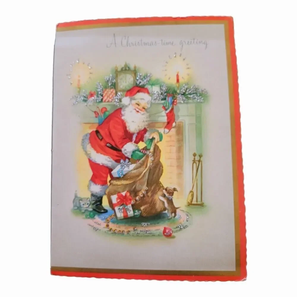 Vintage Christmas Cards 8 USED Santa Sleigh Reindeer Angel Lamb Retro 50s 60s